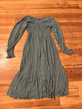 Baltic Born Swiss Dot Smocked Midi Dress Size S Green V-Neck Long Sleeve Cottage